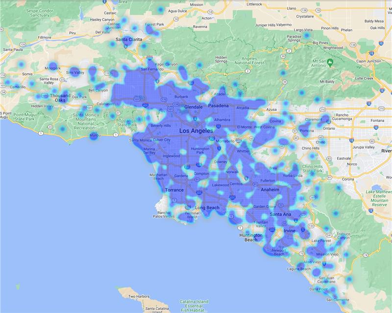 mapa de la red de Vivity en todo el sur de California